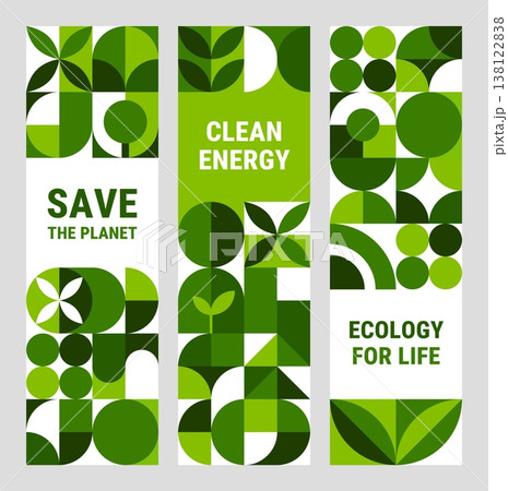 Environment ecology green banners with geometric nature pattern. Save planet and eco energy vertical banners vector templates with modern minimal geometric shapes pattern of abstract leaves and plants 138122838