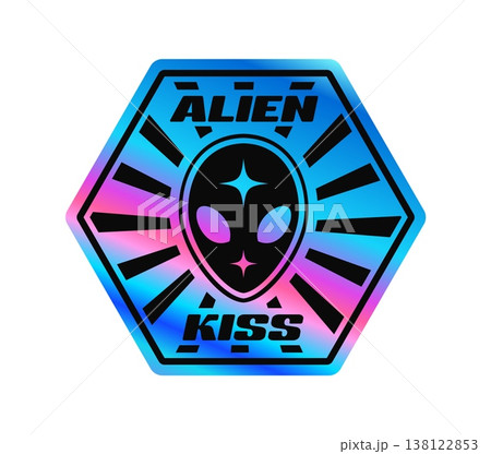 Space alien hologram vintage Y2K sticker or symbol. Glossy hologram retro patch, metallic color foil Y2K vector sticker. Reflective iridescent tag or label with alien face and typography Space alien hologram vintage Y2K sticker or symbol. Glossy hologram retro patch, metallic color foil Y2K vector sticker. Reflective iridescent tag or label with alien face and typography 138122853