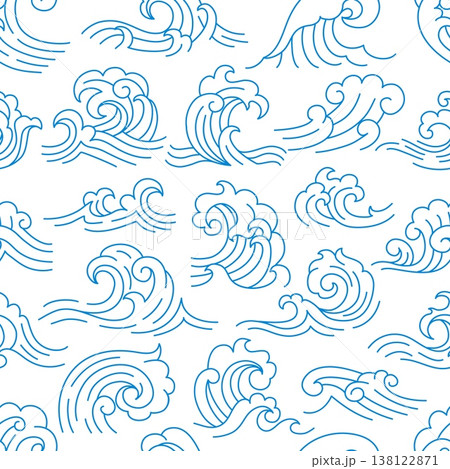 Ocean sea asian Japanese and chinese waves seamless pattern. Fabric asian swirly seamless thin line vector backdrop. Japanese motif graphic pattern or background with curly blue outline tsunami waves 138122871