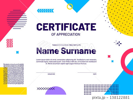 Modern certificate of appreciation template with geometric memphis background. Education career achievement vector certificate or appreciation diploma template with geometric shapes 138122881