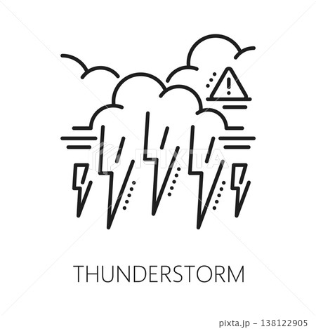 Thunderstorm natural disaster, catastrophe line icon. Natural catastrophe thin line pictogram, environmental disaster vector sign. Thunderstorm outline icon with lightning bolt coming from sky cloud 138122905