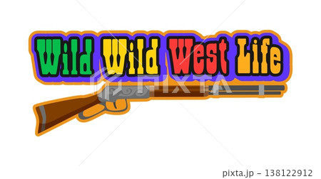 Wild West life and western Y2K groovy sticker. Texas country culture retro vector label, Wild West cowboy groovy sticker. American history Y2K tag with rifle and colorful typography text 138122912