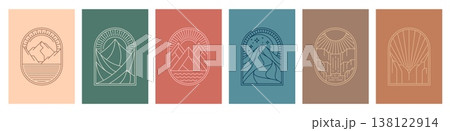 Mountain boho icons, esoteric bohemian tattoos with vector line sun, moon and star sky. Abstract minimal mountain and desert landscapes with sand dunes, hills and sea wave boho icons in outline frames 138122914