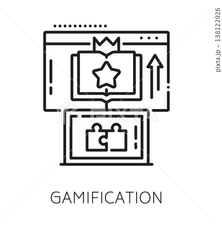 Corporate LMS gamification line icon or sign. Corporate LMS software business sign, learning management system platform vector icon. Education course technology symbol with book, laptop and puzzle 138122926