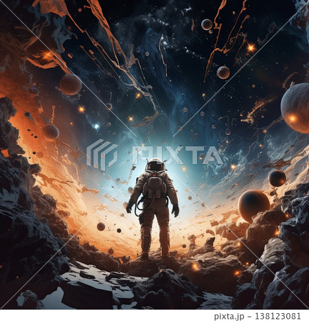Astronaut s Cosmic Journey A Lone Explorer Amidst Planets and Nebulae in Deep Space 138123081