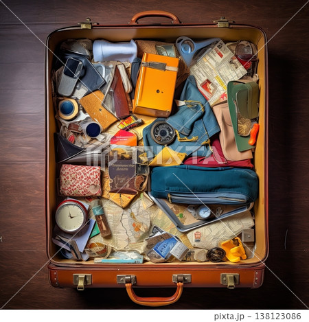 Vintage Suitcase Packed with Travel Souvenirs and Mementos for Vacation, Journey, and Adventure 138123086