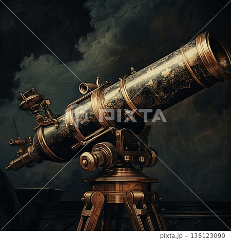 Antique Telescope on a Wooden Tripod Against a Dramatic Sky Backdrop, Vintage Astronomy Antique Telescope on a Wooden Tripod Against a Dramatic Sky Backdrop, Vintage Astronomy 138123090