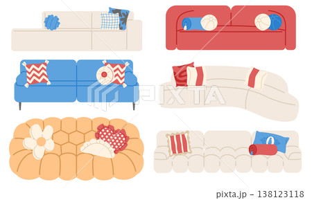 Collection of modern sofas with cushions. Set of flat illustrations. Collection of modern sofas with cushions. Set of flat illustrations. 138123118