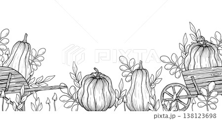 Seamless border with a wooden cart, pumpkins, leaves, mushrooms. Botanical vector illustration. Hand drawn in black ink. Outline banner with vegetables for Thanksgiving and harvest 138123698
