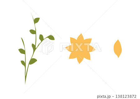 Green stem with leaves, a yellow flower, and a separate yellow leaf shape are presented on a white surface. These flower constructor kit components await assembly for creating a decorative plant. 138123872