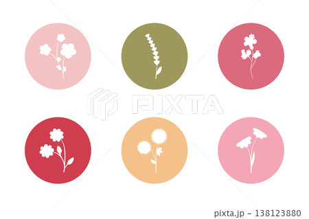 A clean graphic display features six unique white flower cutouts. Each delicate floral silhouette rests within its own distinct pastel colored circle. 138123880