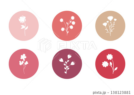 Six distinct white flower silhouettes are displayed within colorful circular backgrounds. Each circle features a unique floral design with various pastel and muted colors. 138123881