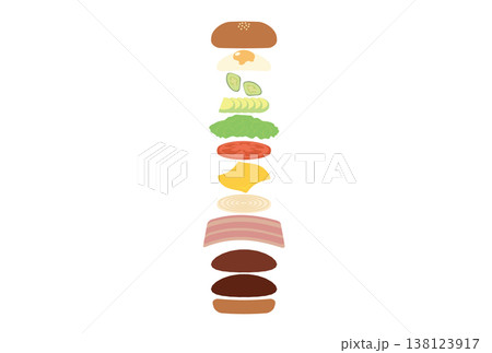 色々な具材の挟まれたハンバーガーの分解図イラスト 138123917