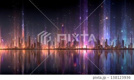 浮遊未来都市ホログラム光背景ベクター 138123936