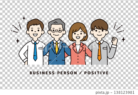 元気に肩を組む、企業・会社の社長・経営者と男性社員・女性社員の上半身ベクターイラスト素材 138123981