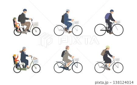 電動自転車に乗る人々のイラストセット（通勤・送迎・日常） 138124014