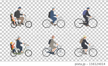 電動自転車に乗る人々のイラストセット（通勤・送迎・日常） 138124014