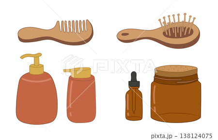 Bathroom beauty set with hair brush, soap and serum bottle Bathroom beauty set with hair brush, soap and serum bottle 138124075