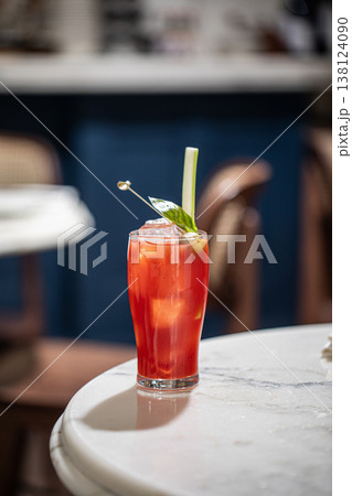 Bloody mary cocktail with celery and olive garnish Bloody mary cocktail with celery and olive garnish 138124090
