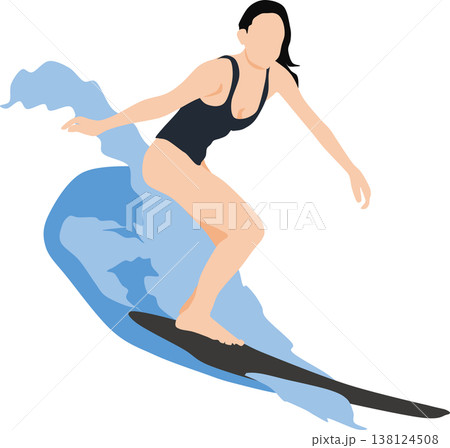 荒波をサーフィンする女性のイラスト	 138124508