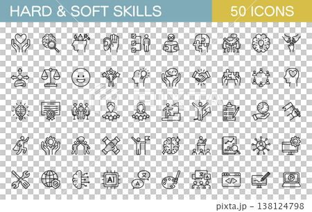 A set of line icons for hard skills and soft skills. 138124798