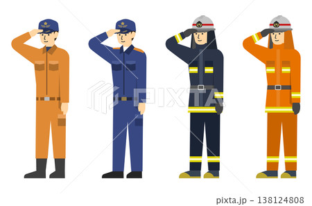 フラットイラスト：いろんな制服の消防士セット(敬礼) 138124808