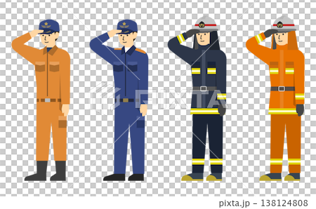フラットイラスト：いろんな制服の消防士セット(敬礼) 138124808