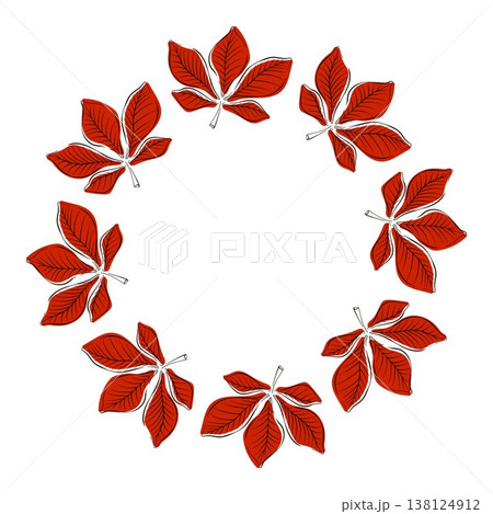 Wreath of red autumn chestnut leaves in flat style on white background. Decorative botanical illustration for seasonal design, card, invitations and natural themes. 138124912