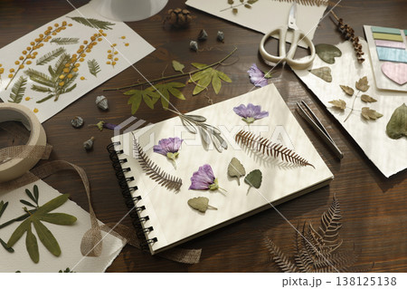 Creating botanical herbarium with pressed purple flowers and dried leaves in sketchbook. Creative workspace on wooden table with scissors, tweezers and crafting tools for DIY nature art project. Creating botanical herbarium with pressed purple flowers and dried leaves in sketchbook. Creative workspace on wooden table with scissors, tweezers and crafting tools for DIY nature art project. 138125138