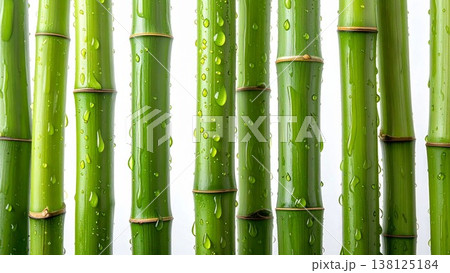 白い背景に孤立した水滴のついた瑞々しい緑の竹、高品質なクローズアップ 白い背景に孤立した水滴のついた瑞々しい緑の竹、高品質なクローズアップ 138125184