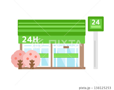 緑色のコンビニ　建物　桜　イラスト 138125253