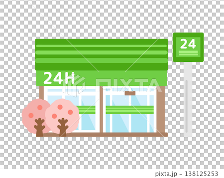 緑色のコンビニ　建物　桜　イラスト 138125253