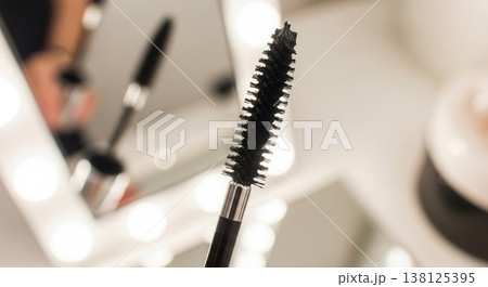 Extreme close-up of a black mascara wand bristles against a blurred vanity mirror background with bright lights. Professional beauty tool shot. 138125395