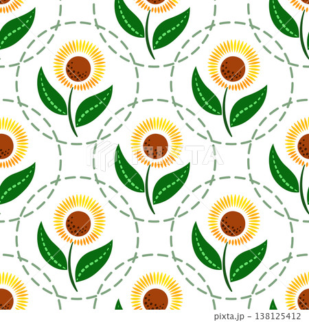 Floral pattern of flowers and circles on whiteのイラスト素材 [138125412] - PIXTA