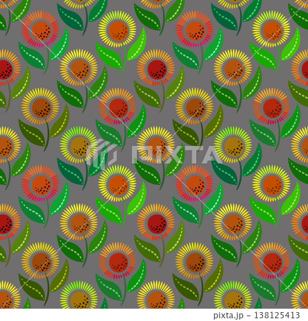 Seamless pattern bright colorful flowers on dark gray background. Summer floral design 138125413