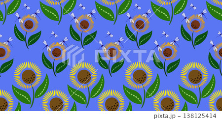 Seamless pattern flowers and dragonflies on blue Seamless pattern flowers and dragonflies on blue 138125414