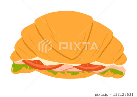 Croissant sandwich with ham cheese and vegetables. Flat vector illustration isolated on white background 138125631