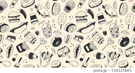 Seamless street food pattern in doodle sketch style 138125665