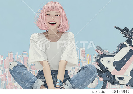 絵美シリーズ：EVバイクのそばで笑顔を見せるピンク髪の若い女性のイラスト素材 138125947