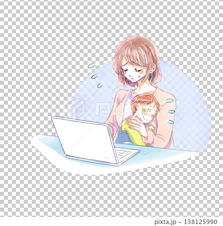 Woman operating laptop while holding crying child in her arms - troubled Woman operating laptop while holding crying child in her arms - troubled 138125990