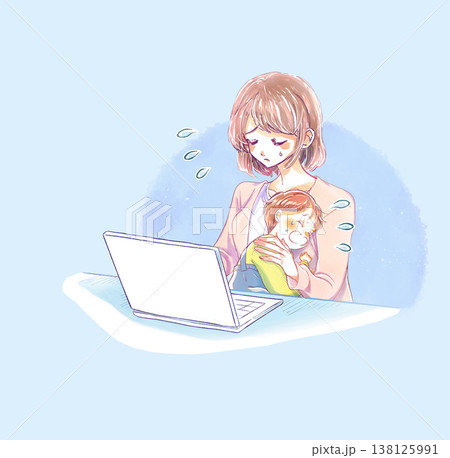 泣いている子供を抱きながらノートパソコンを操作する女性 困る 泣いている子供を抱きながらノートパソコンを操作する女性 困る 138125991