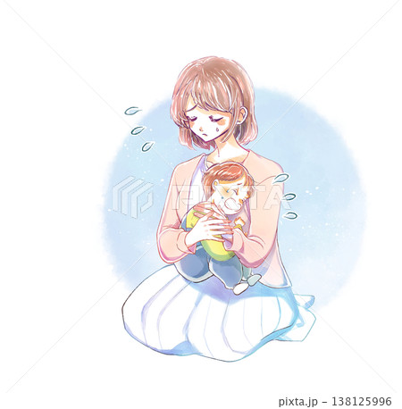 泣いている子供を抱いている女性 困る 泣いている子供を抱いている女性 困る 138125996