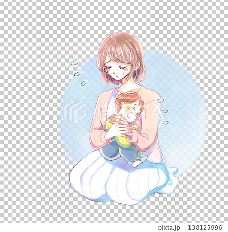 A woman holding a crying child is troubled A woman holding a crying child is troubled 138125996