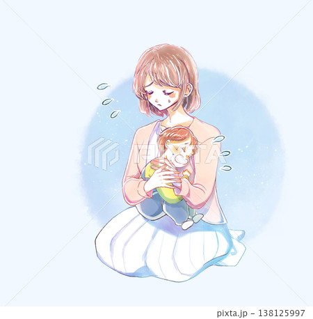 泣いている子供を抱いている女性 困る 泣いている子供を抱いている女性 困る 138125997
