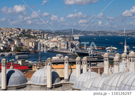 Bosphorus View Showcasing Cityscape and Architectural Details Under a Clear Sky With Boats Navigating the Vibrant Waters in Istanbul 138126297
