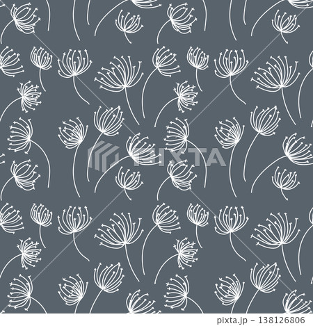 Seamless pattern with hand drawn dandelion seeds in black line art on dark background. For wallpaper, textile 138126806