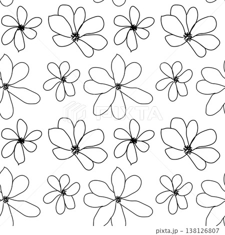 Seamless pattern of hand-drawn minimalist cherry blossom flowers. Black line art sketches on white background. Floral botanical repeating texture for fabric, print, and design. Seamless pattern of hand-drawn minimalist cherry blossom flowers. Black line art sketches on white background. Floral botanical repeating texture for fabric, print, and design. 138126807
