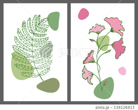 Set of two minimalist botanical posters. Hand-drawn line art of a fern leaf and pink flowers with abstract organic shapes on a white background. Modern aesthetic vector illustration Set of two minimalist botanical posters. Hand-drawn line art of a fern leaf and pink flowers with abstract organic shapes on a white background. Modern aesthetic vector illustration 138126813