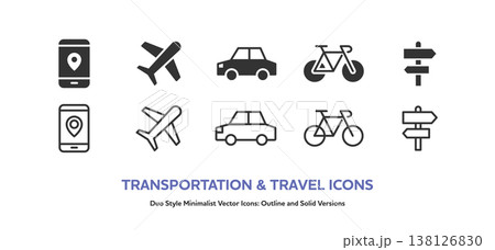 飛行機、車、自転車の乗り物と、道標やスマホ地図などナビゲーションのアイコンセット。線画と塗りの素材 飛行機、車、自転車の乗り物と、道標やスマホ地図などナビゲーションのアイコンセット。線画と塗りの素材 138126830