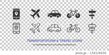 A set of icons for airplanes, cars, bicycles, and navigation elements such as road signs and smartphone maps. Includes line art and colored materials. A set of icons for airplanes, cars, bicycles, and navigation elements such as road signs and smartphone maps. Includes line art and colored materials. 138126830